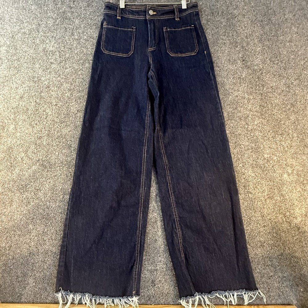 OAT New York Jeans Womens 4 27 Dark Wash Wide Leg Crop‎ Raw Hem Patch Pocket